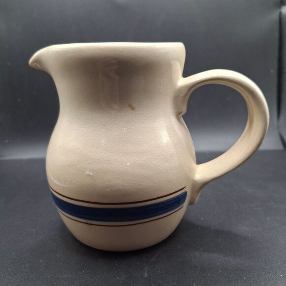 Vintage Stoneware Creamer Pitcher With Blue Stripe By Vernon Corp. Taiwan - Picture 1 of 7